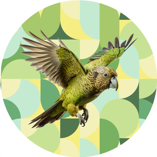 Green parrot in flight on a colorful geometric patterned background