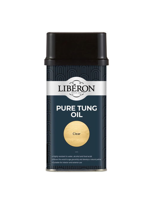 A can of Liberon Pure Tung Oil in the Clear variant, providing a hard wearing finish to wooden surfaces 