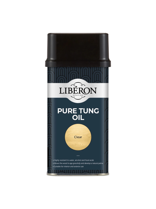 A can of Liberon Pure Tung Oil in the Clear variant, providing a hard wearing finish to wooden surfaces 