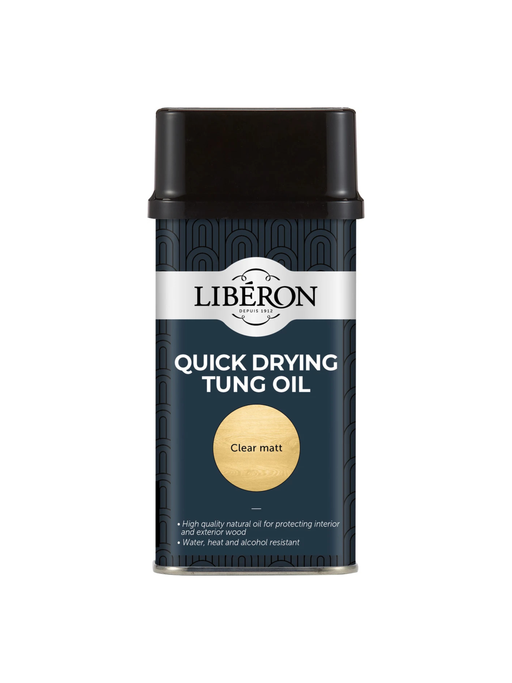 A can of Liberon Quick Drying Tung Oil, providing a hard wearing finish it is ideal for wooden surfaces
