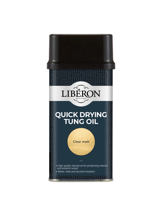 A can of Liberon Quick Drying Tung Oil, providing a hard wearing finish it is ideal for wooden surfaces