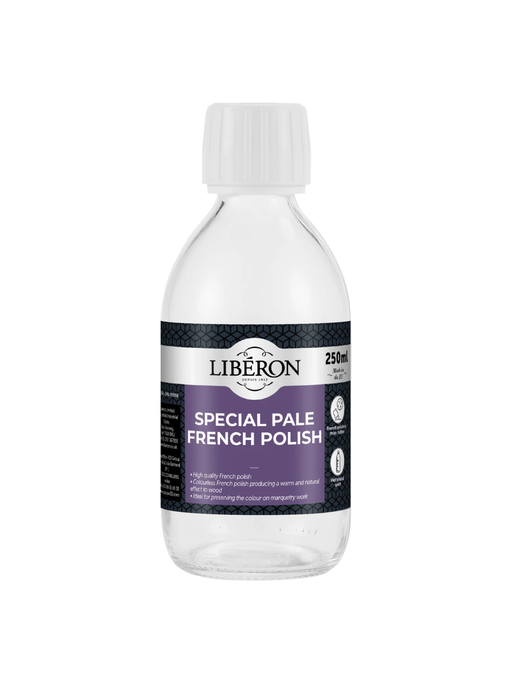 A  bottle of Liberon Special Pale French Polish which produces a warm and natural effect to wood.