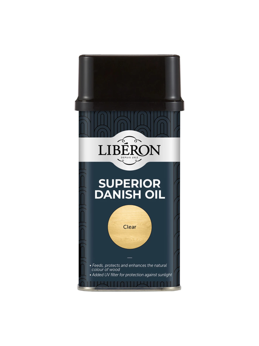 A can of Liberon Superior Danish Oil which brings out the natural grain of the timber and provides a satin to gloss sheen.