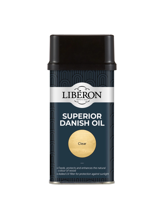 A can of Liberon Superior Danish Oil which brings out the natural grain of the timber and provides a satin to gloss sheen.