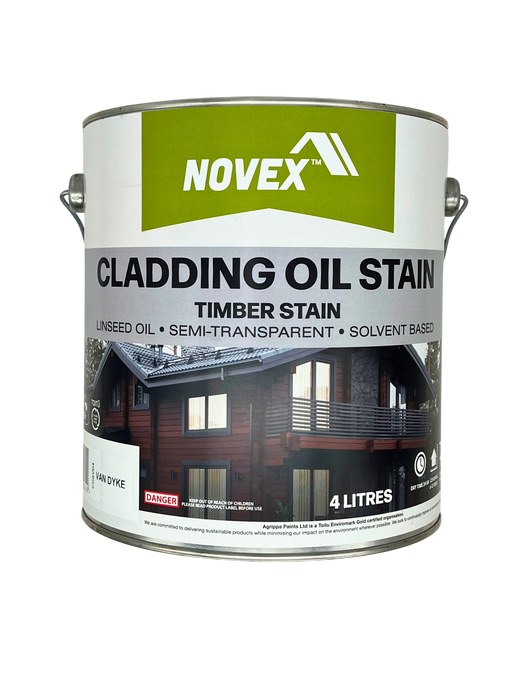 A 4-litre metal can of Novex Cladding Oil Stain Timber Stain. Linseed oil, semi transparent, solvent based stain. Protect Oil replacement.   