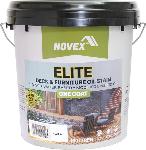 A 10-litre bucket of Novex Elite Deck & Furniture Oil Stain in the color KWILA