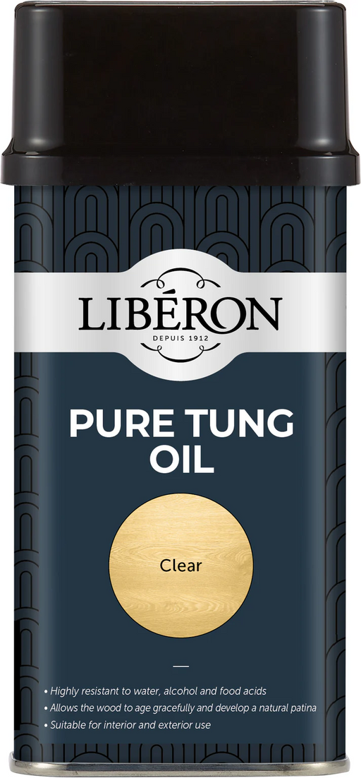 Liberon Pure Tung Oil is highly resistant to water, alcohol and food acids. Providing a hard wearing finish it is ideal for surfaces such as kitchen worktops, tables and all high quality interior wood.