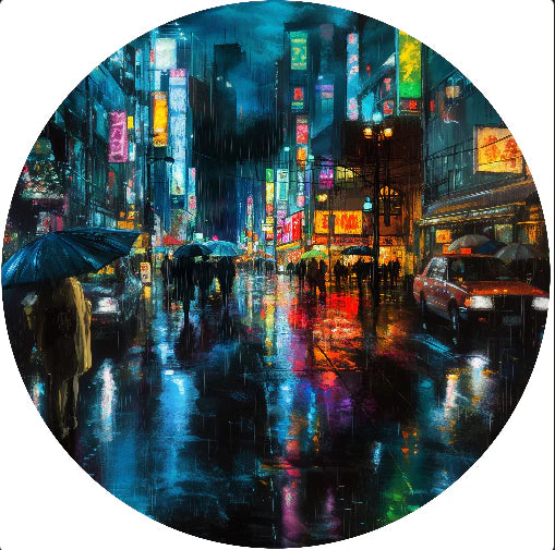 City street at night with people holding umbrellas and colorful lights reflecting on a wet road.