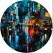 City street at night with people holding umbrellas and colorful lights reflecting on a wet road.