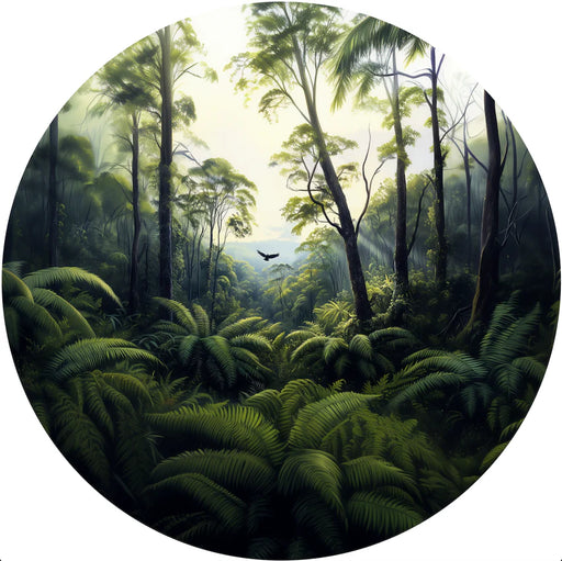 Circular image of a lush green forest with tall trees and ferns.