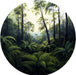 Circular image of a lush green forest with tall trees and ferns.