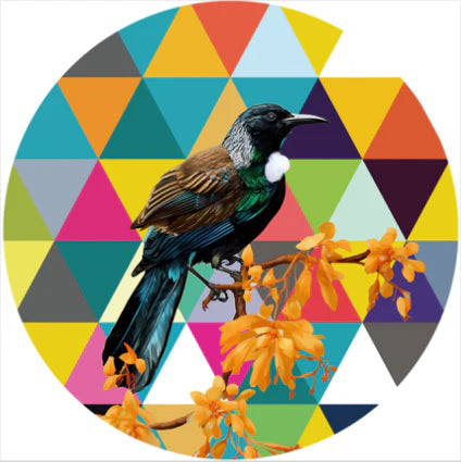 Bird perched on a branch with orange flowers against a colorful geometric pattern