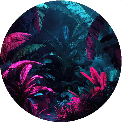 Circular image of vibrant pink and blue tropical leaves on a dark background