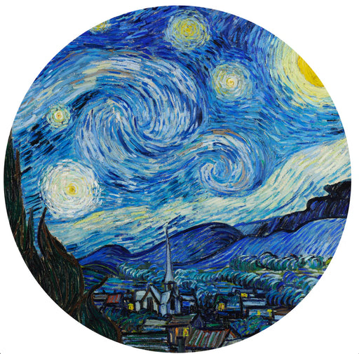 Circular image of a stylized version of Van Gogh's 'Starry Night' with swirling blue sky and village below.