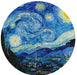 Circular image of a stylized version of Van Gogh's 'Starry Night' with swirling blue sky and village below.